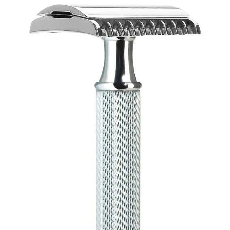 Rasierhobel offener Kamm R41 Griff aus Metall mit verchromten Metallakzenten