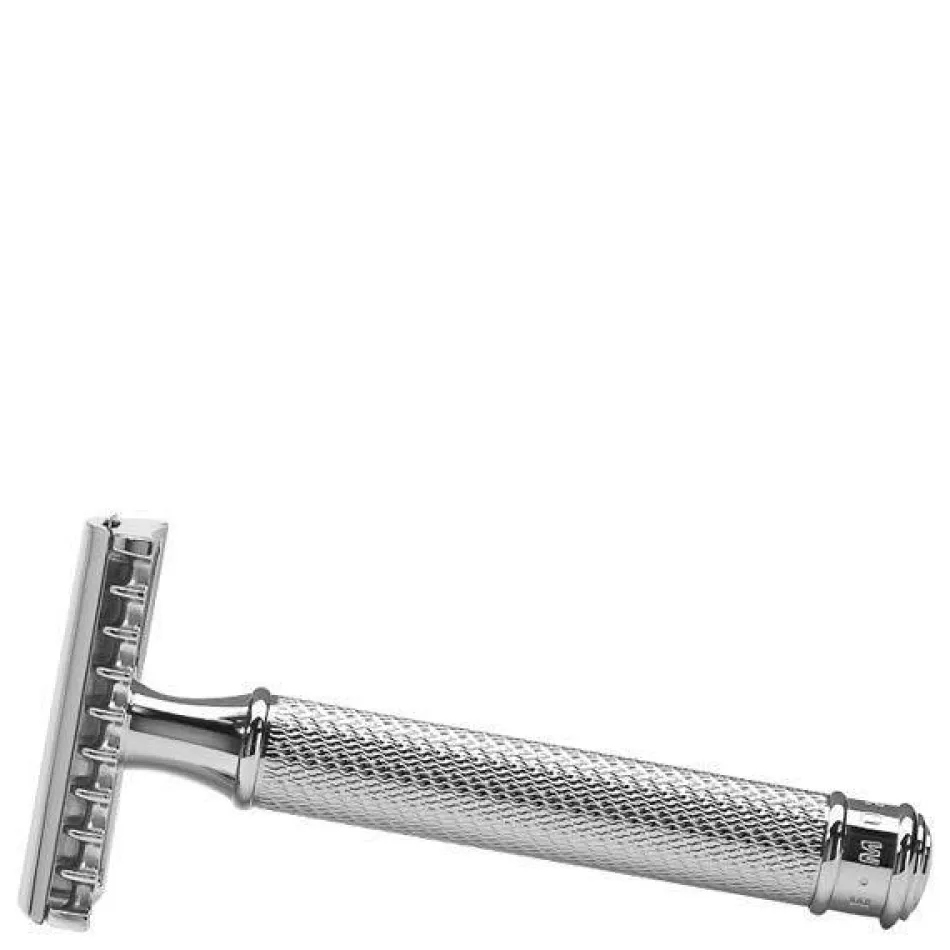 Rasierhobel offener Kamm R41 Griff aus Metall mit verchromten Metallakzenten